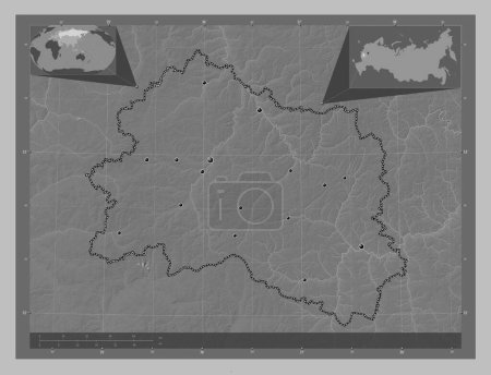 Photo for Orel, region of Russia. Grayscale elevation map with lakes and rivers. Locations of major cities of the region. Corner auxiliary location maps - Royalty Free Image