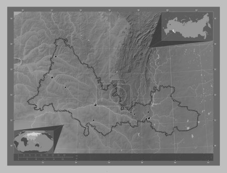 Téléchargez les photos : Orenburg, region of Russia. Grayscale elevation map with lakes and rivers. Locations of major cities of the region. Corner auxiliary location maps - en image libre de droit