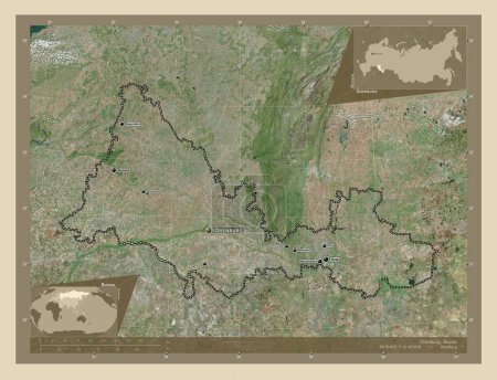 Foto de Orenburg, region of Russia. High resolution satellite map. Locations and names of major cities of the region. Corner auxiliary location maps - Imagen libre de derechos