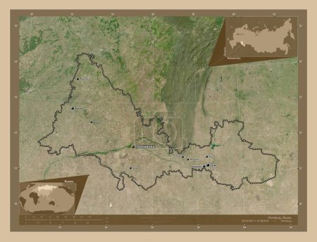 Téléchargez les photos : Orenburg, region of Russia. Low resolution satellite map. Locations and names of major cities of the region. Corner auxiliary location maps - en image libre de droit