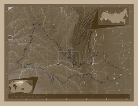 Photo for Orenburg, region of Russia. Elevation map colored in sepia tones with lakes and rivers. Corner auxiliary location maps - Royalty Free Image