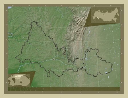 Téléchargez les photos : Orenburg, region of Russia. Elevation map colored in wiki style with lakes and rivers. Locations of major cities of the region. Corner auxiliary location maps - en image libre de droit