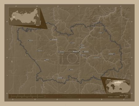 Photo for Penza, region of Russia. Elevation map colored in sepia tones with lakes and rivers. Locations and names of major cities of the region. Corner auxiliary location maps - Royalty Free Image