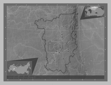 Téléchargez les photos : Perm', territory of Russia. Grayscale elevation map with lakes and rivers. Locations of major cities of the region. Corner auxiliary location maps - en image libre de droit