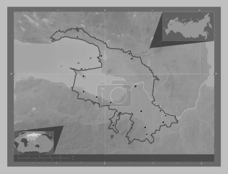 Téléchargez les photos : Saint Petersburg, city of Russia. Grayscale elevation map with lakes and rivers. Locations of major cities of the region. Corner auxiliary location maps - en image libre de droit