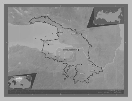 Téléchargez les photos : Saint Petersburg, city of Russia. Grayscale elevation map with lakes and rivers. Locations and names of major cities of the region. Corner auxiliary location maps - en image libre de droit