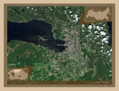 Foto de Saint Petersburg, city of Russia. Low resolution satellite map. Locations and names of major cities of the region. Corner auxiliary location maps - Imagen libre de derechos