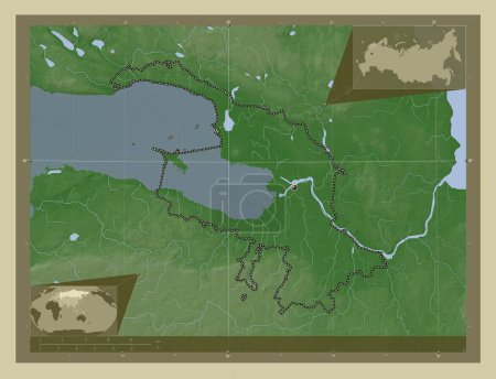 Téléchargez les photos : Saint Petersburg, city of Russia. Elevation map colored in wiki style with lakes and rivers. Corner auxiliary location maps - en image libre de droit