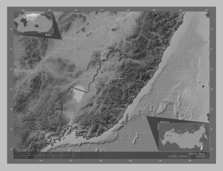 Photo for Primor'ye, territory of Russia. Grayscale elevation map with lakes and rivers. Locations and names of major cities of the region. Corner auxiliary location maps - Royalty Free Image