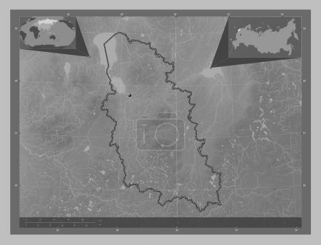 Photo for Pskov, region of Russia. Grayscale elevation map with lakes and rivers. Corner auxiliary location maps - Royalty Free Image