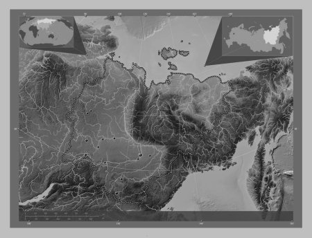 Téléchargez les photos : Sakha, republic of Russia. Grayscale elevation map with lakes and rivers. Locations of major cities of the region. Corner auxiliary location maps - en image libre de droit