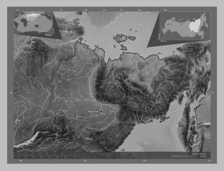 Téléchargez les photos : Sakha, republic of Russia. Grayscale elevation map with lakes and rivers. Locations and names of major cities of the region. Corner auxiliary location maps - en image libre de droit