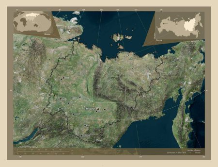 Téléchargez les photos : Sakha, republic of Russia. High resolution satellite map. Locations and names of major cities of the region. Corner auxiliary location maps - en image libre de droit