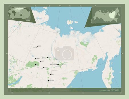 Téléchargez les photos : Sakha, republic of Russia. Open Street Map. Locations and names of major cities of the region. Corner auxiliary location maps - en image libre de droit
