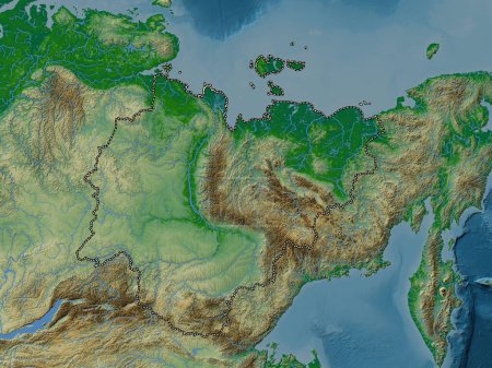 Téléchargez les photos : Sakha, republic of Russia. Colored elevation map with lakes and rivers - en image libre de droit