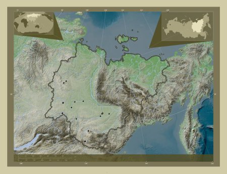 Photo for Sakha, republic of Russia. Elevation map colored in wiki style with lakes and rivers. Locations of major cities of the region. Corner auxiliary location maps - Royalty Free Image