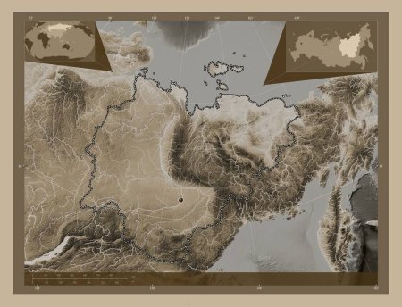 Téléchargez les photos : Sakha, republic of Russia. Elevation map colored in sepia tones with lakes and rivers. Corner auxiliary location maps - en image libre de droit
