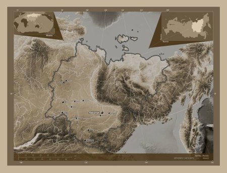 Téléchargez les photos : Sakha, republic of Russia. Elevation map colored in sepia tones with lakes and rivers. Locations and names of major cities of the region. Corner auxiliary location maps - en image libre de droit