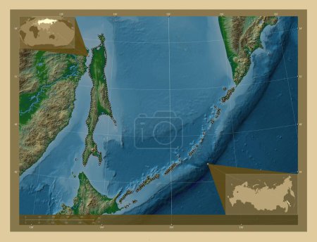 Foto de Sakhalin, region of Russia. Colored elevation map with lakes and rivers. Corner auxiliary location maps - Imagen libre de derechos