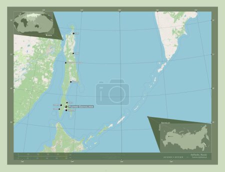 Téléchargez les photos : Sakhalin, region of Russia. Open Street Map. Locations and names of major cities of the region. Corner auxiliary location maps - en image libre de droit