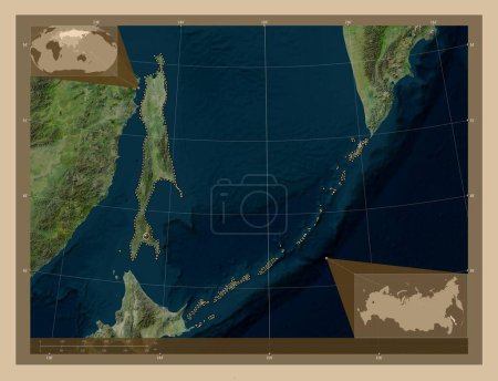Téléchargez les photos : Sakhalin, region of Russia. Low resolution satellite map. Corner auxiliary location maps - en image libre de droit
