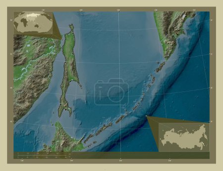 Photo for Sakhalin, region of Russia. Elevation map colored in wiki style with lakes and rivers. Locations of major cities of the region. Corner auxiliary location maps - Royalty Free Image