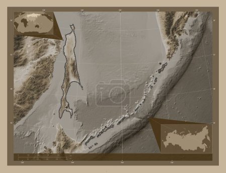 Téléchargez les photos : Sakhalin, region of Russia. Elevation map colored in sepia tones with lakes and rivers. Corner auxiliary location maps - en image libre de droit