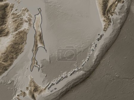 Photo for Sakhalin, region of Russia. Elevation map colored in sepia tones with lakes and rivers - Royalty Free Image