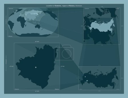 Photo for Samara, region of Russia. Diagram showing the location of the region on larger-scale maps. Composition of vector frames and PNG shapes on a solid background - Royalty Free Image