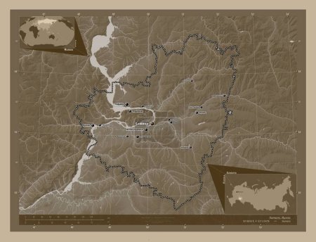 Foto de Samara, region of Russia. Elevation map colored in sepia tones with lakes and rivers. Locations and names of major cities of the region. Corner auxiliary location maps - Imagen libre de derechos