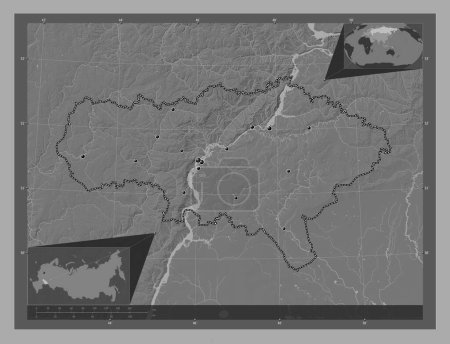 Foto de Saratov, region of Russia. Bilevel elevation map with lakes and rivers. Locations of major cities of the region. Corner auxiliary location maps - Imagen libre de derechos