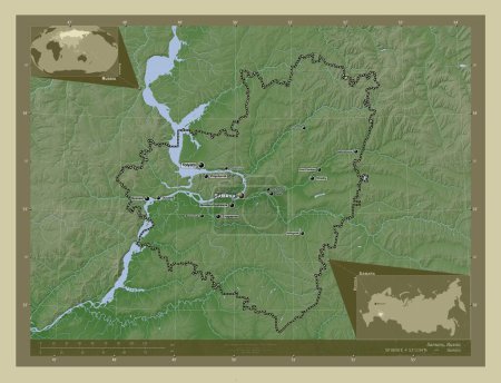 Foto de Samara, region of Russia. Elevation map colored in wiki style with lakes and rivers. Locations and names of major cities of the region. Corner auxiliary location maps - Imagen libre de derechos
