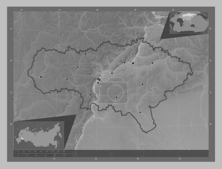 Photo for Saratov, region of Russia. Grayscale elevation map with lakes and rivers. Locations of major cities of the region. Corner auxiliary location maps - Royalty Free Image