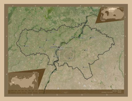Foto de Saratov, region of Russia. Low resolution satellite map. Locations and names of major cities of the region. Corner auxiliary location maps - Imagen libre de derechos