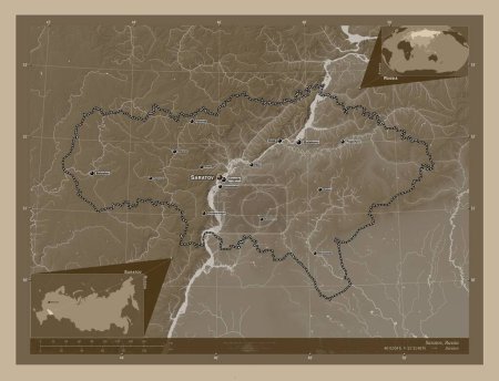 Photo for Saratov, region of Russia. Elevation map colored in sepia tones with lakes and rivers. Locations and names of major cities of the region. Corner auxiliary location maps - Royalty Free Image