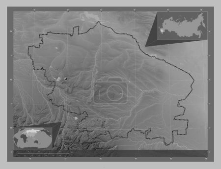 Foto de Stavropol', territory of Russia. Grayscale elevation map with lakes and rivers. Corner auxiliary location maps - Imagen libre de derechos