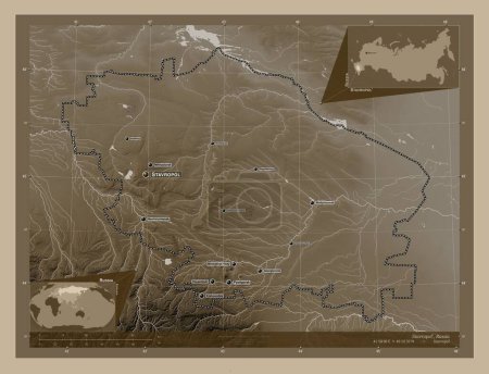 Photo for Stavropol', territory of Russia. Elevation map colored in sepia tones with lakes and rivers. Locations and names of major cities of the region. Corner auxiliary location maps - Royalty Free Image