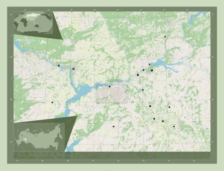 Téléchargez les photos : Tatarstan, republic of Russia. Open Street Map. Locations of major cities of the region. Corner auxiliary location maps - en image libre de droit