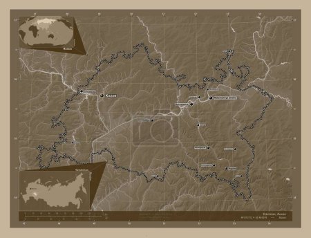 Photo for Tatarstan, republic of Russia. Elevation map colored in sepia tones with lakes and rivers. Locations and names of major cities of the region. Corner auxiliary location maps - Royalty Free Image