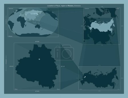 Photo for Tula, region of Russia. Diagram showing the location of the region on larger-scale maps. Composition of vector frames and PNG shapes on a solid background - Royalty Free Image