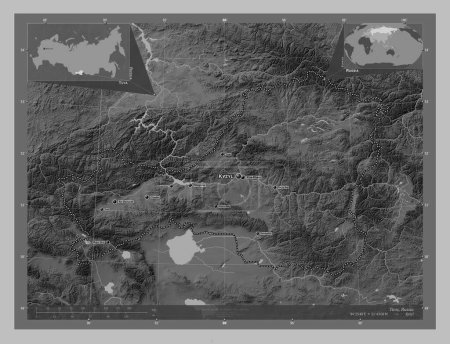 Téléchargez les photos : Tuva, republic of Russia. Grayscale elevation map with lakes and rivers. Locations and names of major cities of the region. Corner auxiliary location maps - en image libre de droit
