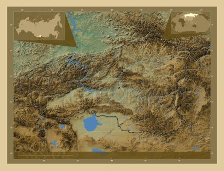Téléchargez les photos : Tuva, republic of Russia. Colored elevation map with lakes and rivers. Corner auxiliary location maps - en image libre de droit