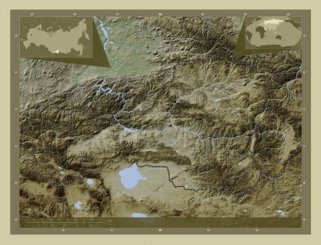Photo for Tuva, republic of Russia. Elevation map colored in wiki style with lakes and rivers. Corner auxiliary location maps - Royalty Free Image