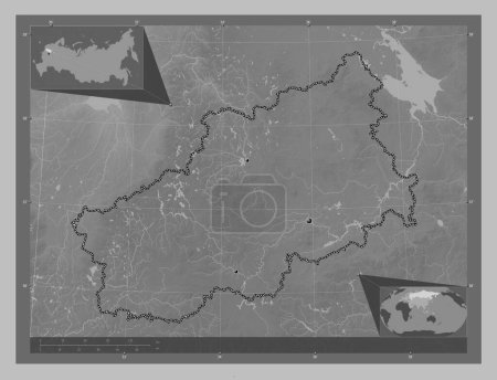 Photo for Tver', region of Russia. Grayscale elevation map with lakes and rivers. Locations of major cities of the region. Corner auxiliary location maps - Royalty Free Image