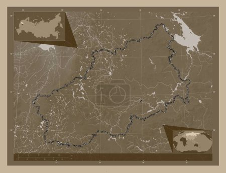 Photo for Tver', region of Russia. Elevation map colored in sepia tones with lakes and rivers. Corner auxiliary location maps - Royalty Free Image