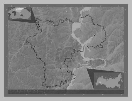 Téléchargez les photos : Ul'yanovsk, region of Russia. Grayscale elevation map with lakes and rivers. Locations of major cities of the region. Corner auxiliary location maps - en image libre de droit