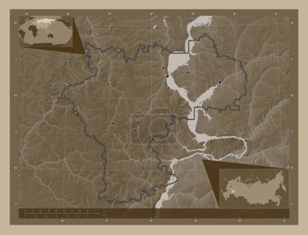 Téléchargez les photos : Ul'yanovsk, region of Russia. Elevation map colored in sepia tones with lakes and rivers. Locations of major cities of the region. Corner auxiliary location maps - en image libre de droit