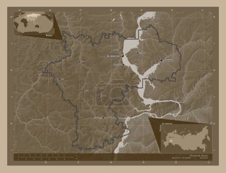 Téléchargez les photos : Ul'yanovsk, region of Russia. Elevation map colored in sepia tones with lakes and rivers. Locations and names of major cities of the region. Corner auxiliary location maps - en image libre de droit