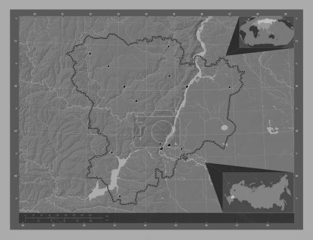 Photo for Volgograd, region of Russia. Bilevel elevation map with lakes and rivers. Locations of major cities of the region. Corner auxiliary location maps - Royalty Free Image