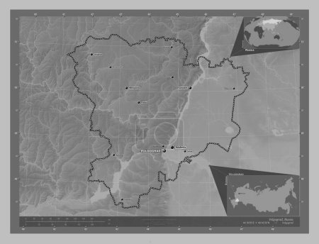 Photo for Volgograd, region of Russia. Grayscale elevation map with lakes and rivers. Locations and names of major cities of the region. Corner auxiliary location maps - Royalty Free Image